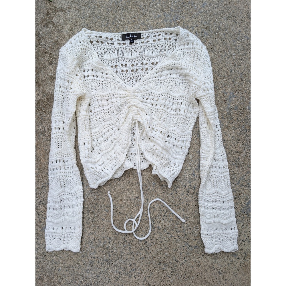 Lulus White Pointelle Knit Long Sleeve Cinched Front Cropped Top Small